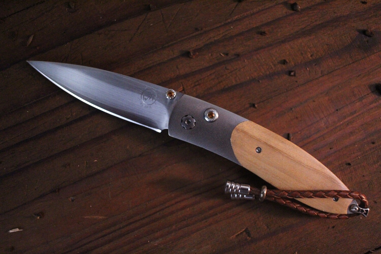 William Henry Studio Monarch Tawny 2.63&quot; Button Lock Folder / Titanium &amp; Olive Wood /  ZDP-189