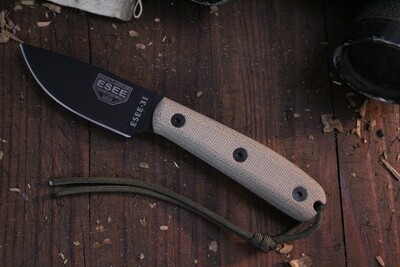 ESEE Knives Model 3 3.88" Fixed Blade Knife / Black 1095 / Natural 3D Micarta 
