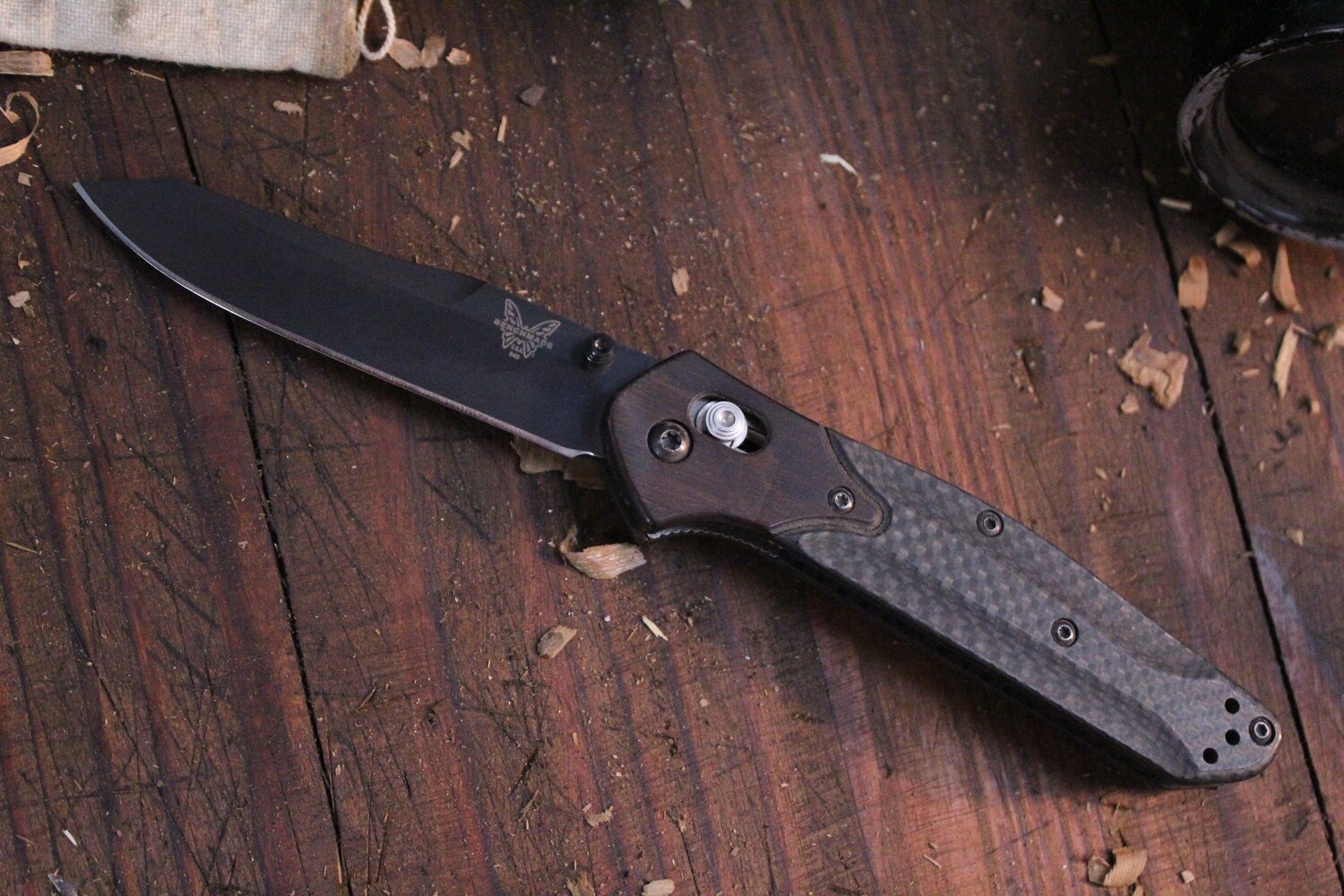 Benchmade Osborne 3.4&quot; Folding Knife / Dymond Wood &amp; CF / Custom Ironwood Back Spacer / Black / D2 ( Pre Owned )