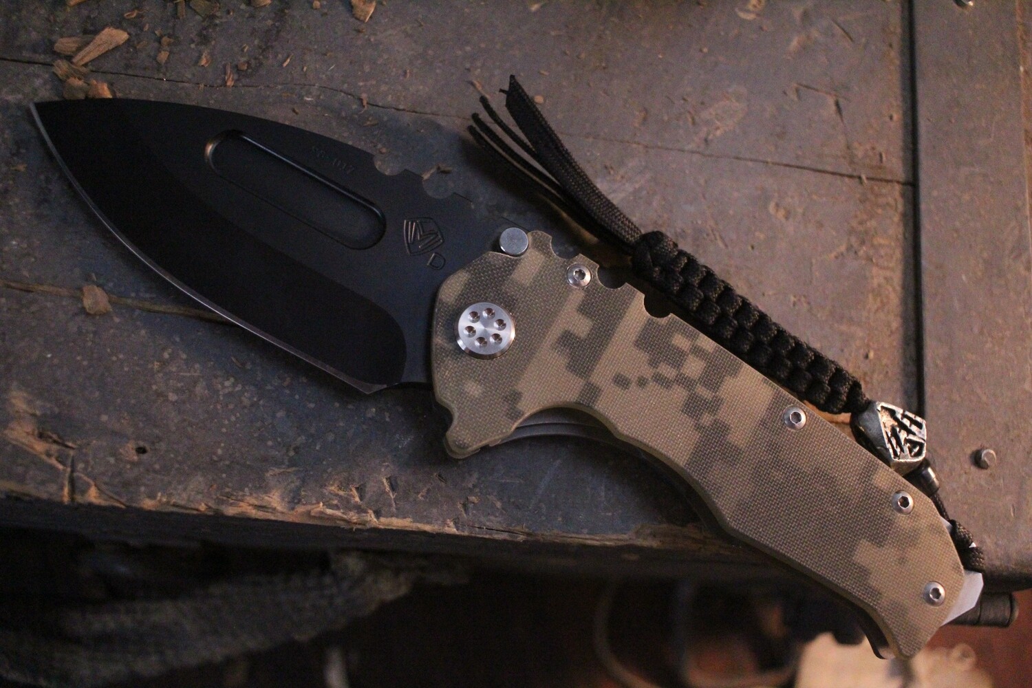 Medford Knife and Tool (MKT) Praetorian G 3.75&quot;, Digi Cam G10 / PVD Coated Drop Point / Medford Scarface Bead ( Pre Owned )