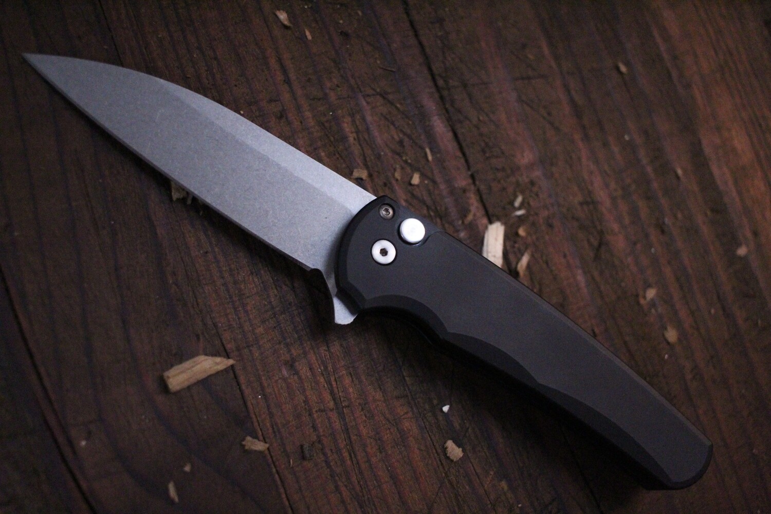 Pro-Tech Malibu 3.30&quot; Manual Wharncliffe Flipper Knife / Black Aluminum / Stonewash CPM-20CV