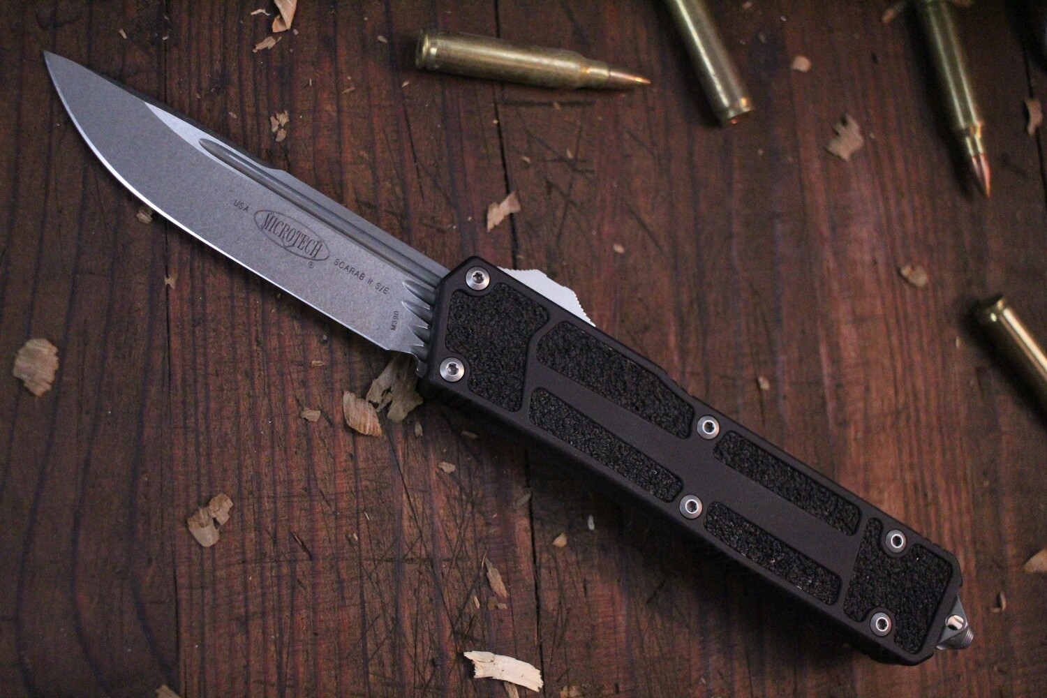 Microtech Scarab II 4&quot; OTF Automatic Knife / Black Inlays / Stonewash