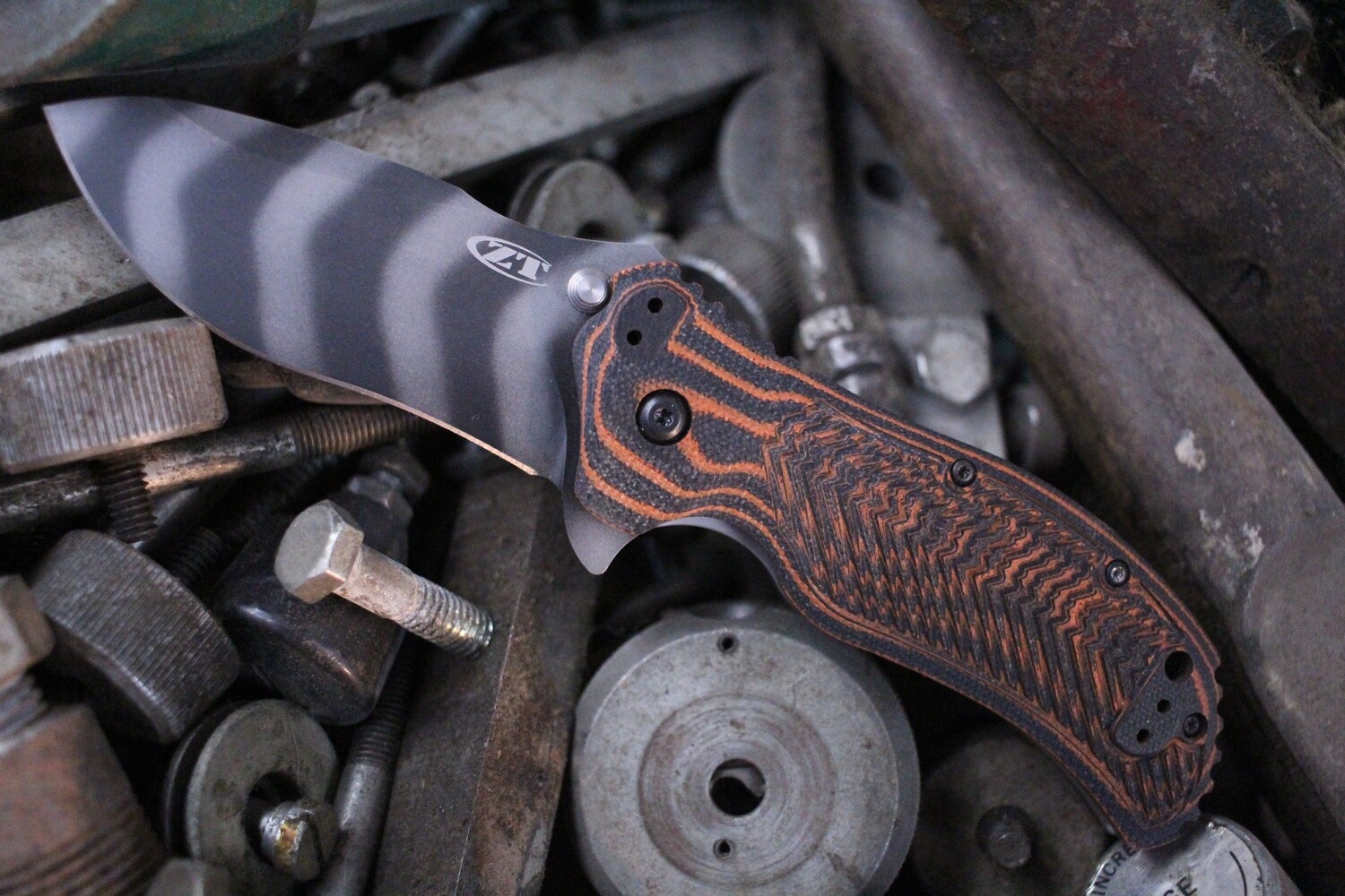 Zero Tolerance 0350TS Ken Onion 3.25&quot; Assisted Opening Knife / Black &amp; Orange Mocassin G10 / Tiger Stripe ( Pre Owned )