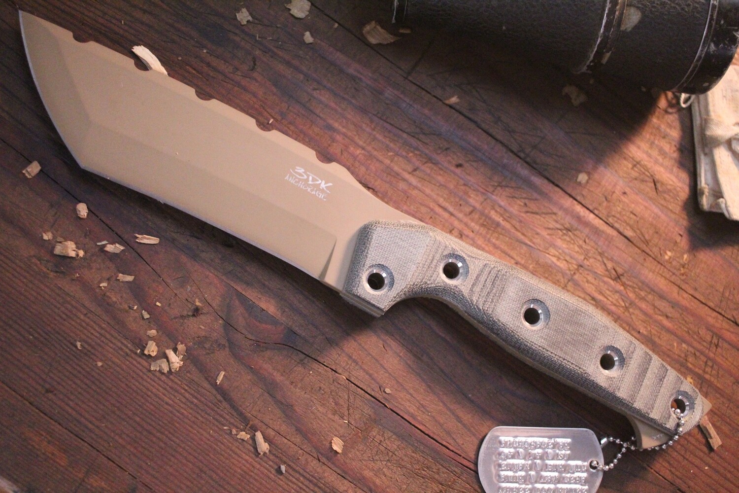 3DK Amuk 6&quot; Fixed Tanto Point, Desert Tan Cerakote Elmax Blade / Black Micarta Handle