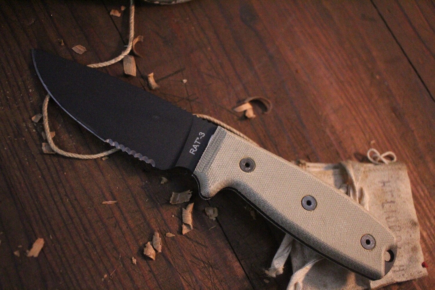 Ontario OKC Rat-3 3.6&quot; Fixed Blade Knife / Tan Micarta / Black Serrated