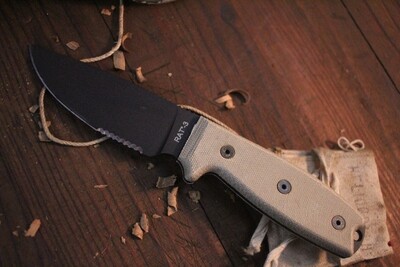 Ontario OKC Rat-3 3.6" Fixed Blade Knife / Tan Micarta / Black Serrated