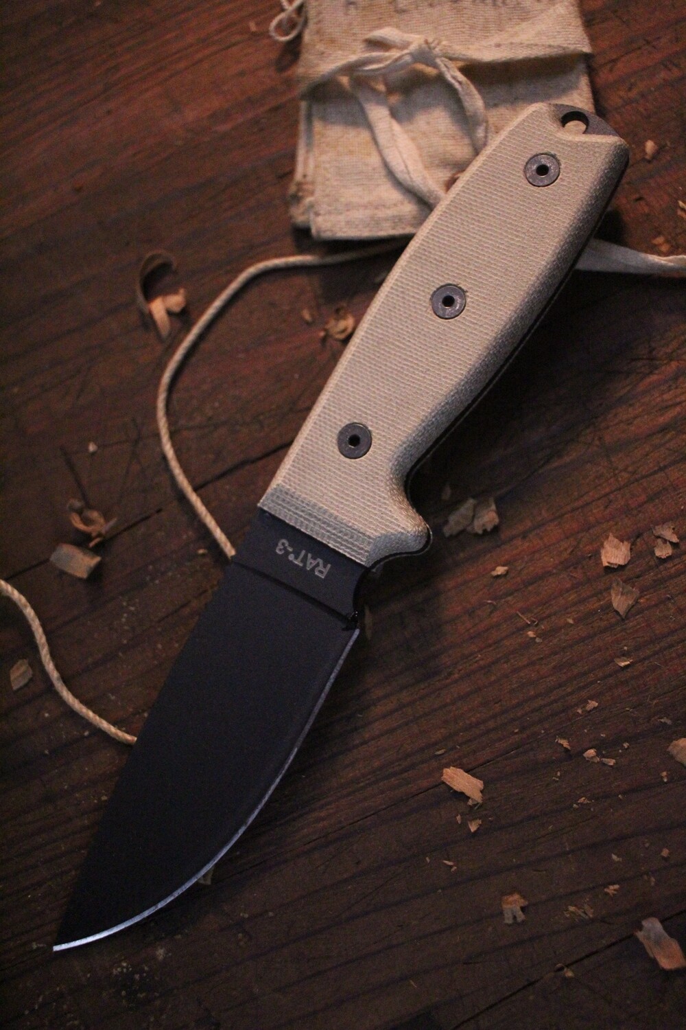 Ontario OKC Rat-3 3.6&quot; Fixed Blade Knife / Tan Micarta / Black