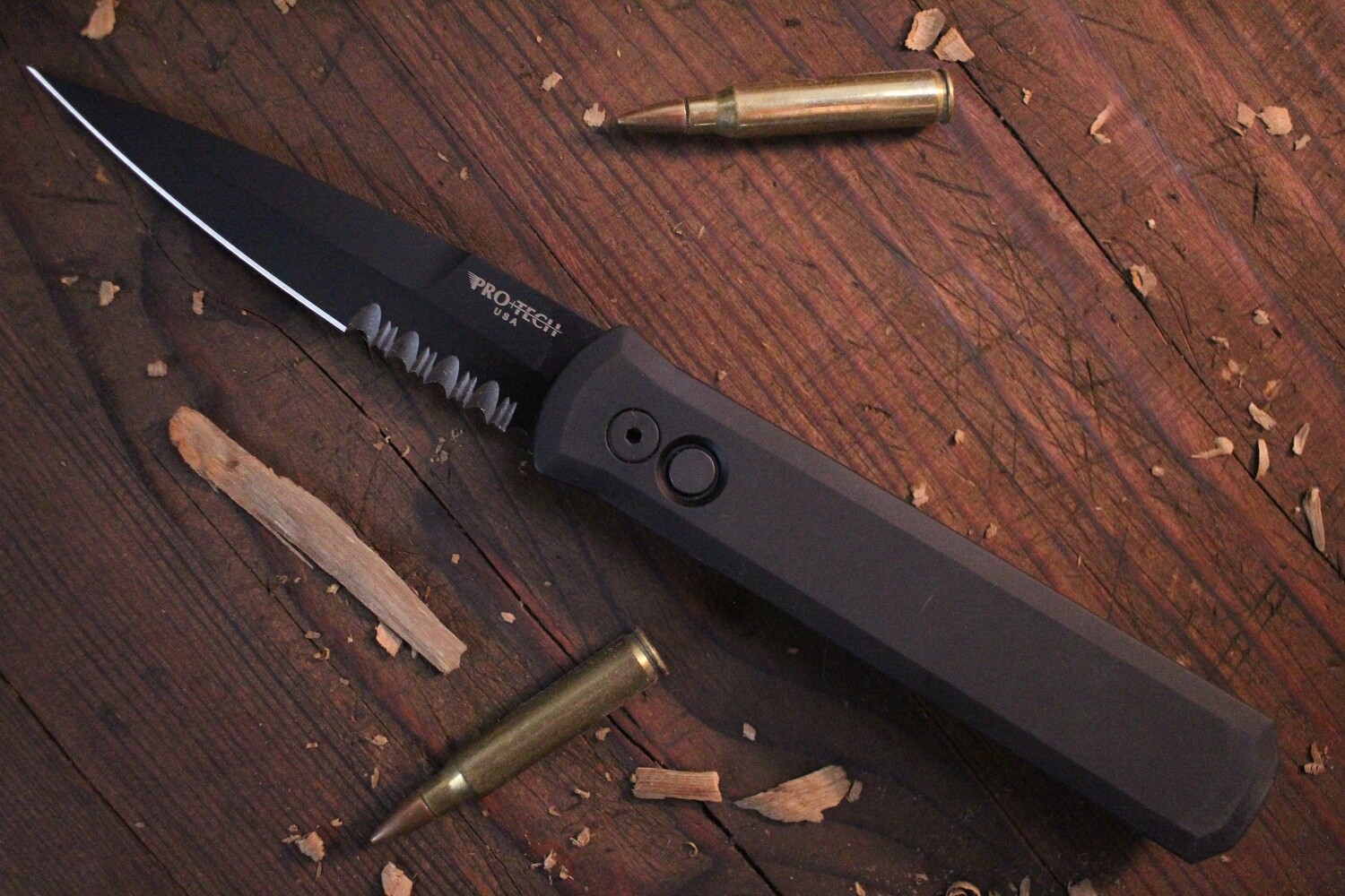 Pro-Tech Godfather 4&quot; Automatic Knife / Black / Partial Serration Satin 154CM