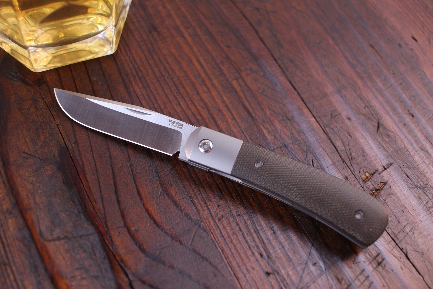 Pena X Series Trapper 3&quot; Front Flipper / Green Linen Micarta &amp; Titanium / Satin M390 ( Pre Owned )