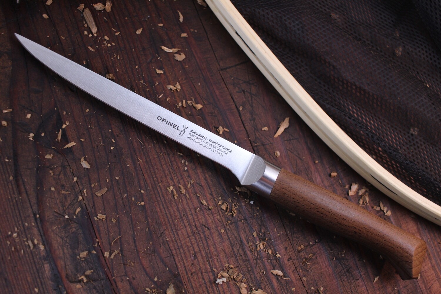 Opinel Knives Les Forges 1890 Stainless Steel Forged Fixed Knife /  Beechwood / Leather Sleeve