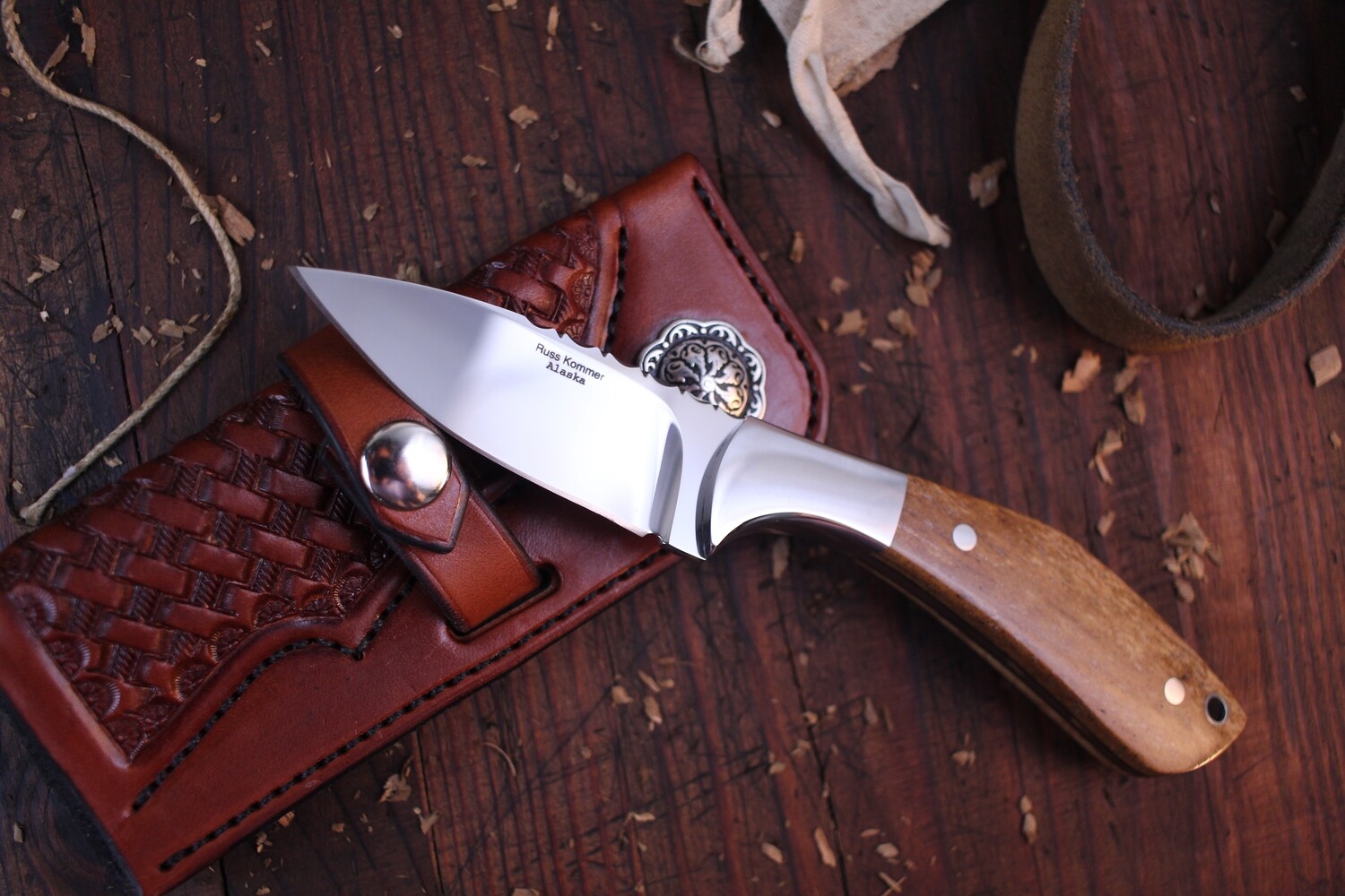 Russ Kommer Custom Semi-Skinner 3&quot; Fixed Blade Knife / Stellar Sea Cow Rib Bone / Polished RWL-34