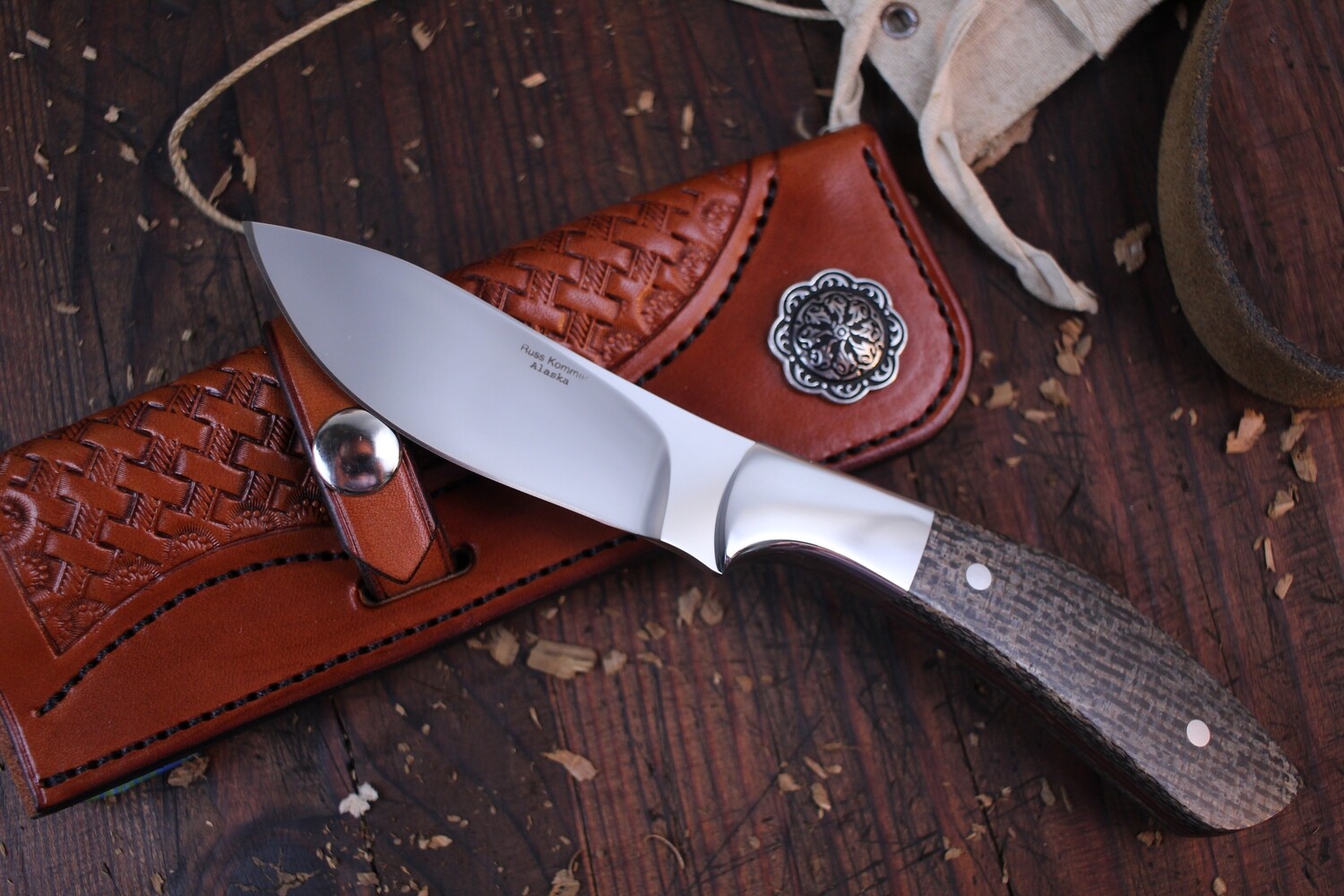 Russ Kommer Custom Skinner 3.5&quot; Fixed Blade Knife / Japanese Hemp Micarta / Polished RWL-34