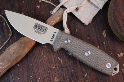 ESEE Model 3 3.88" Fixed Blade Knife / Desert Tan 1095 / OD Micarta ( Pre Owned )