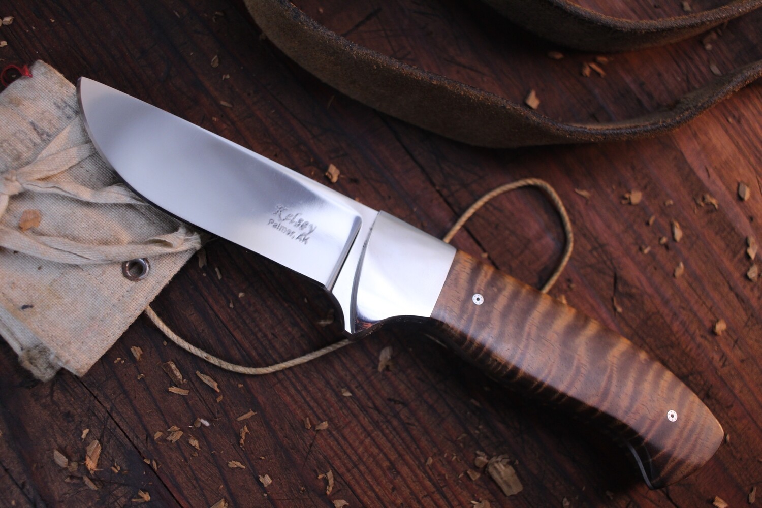 Nate Kelsey Custom 3.75&quot; Drop Point Hunter / Tiger Maple Wood / Polished 154CM