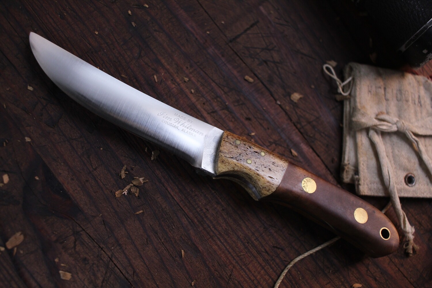 Jim Whitman Hunter 4&quot; Fixed Blade / Maple Burl &amp; Whale Bone / &quot;Whitman Grind&quot; Satin AEB-L