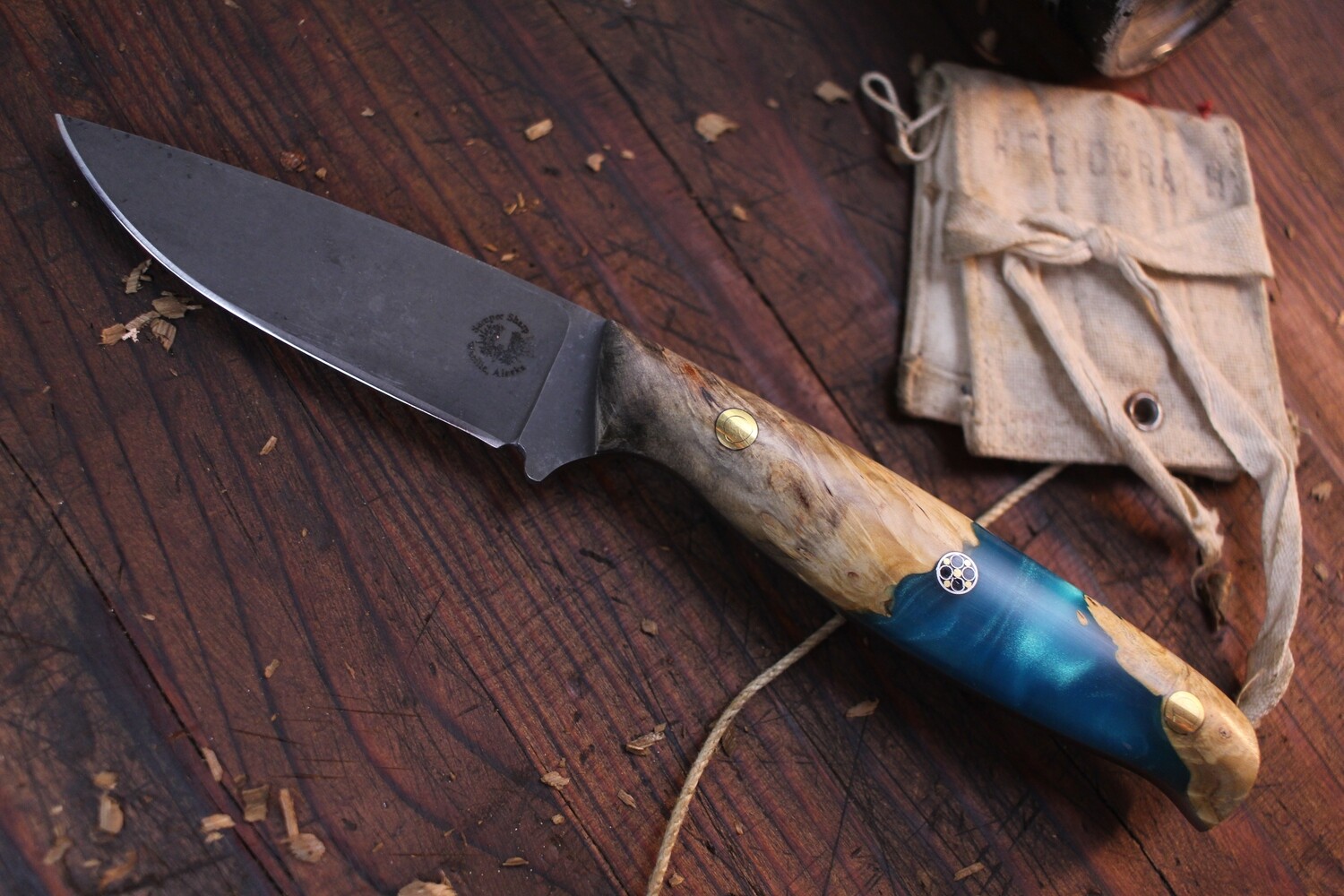 Semper Sharp Outdoorsman 3.5&quot; Fixed Blade Knife / Buckeye Burl &amp; Aqua Epoxy / Stonewashed Nitro V