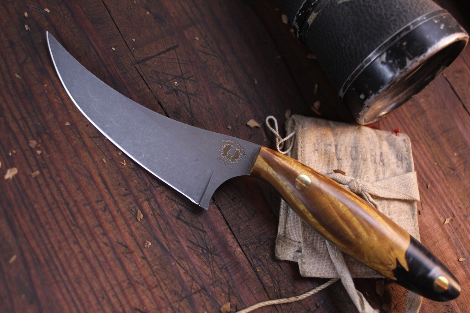 Semper Sharp Trapper 3.75&quot; Custom Game Knife / Stabilized Maple Burl &amp; Charcoal Epoxy / Stone Washed AEB-L