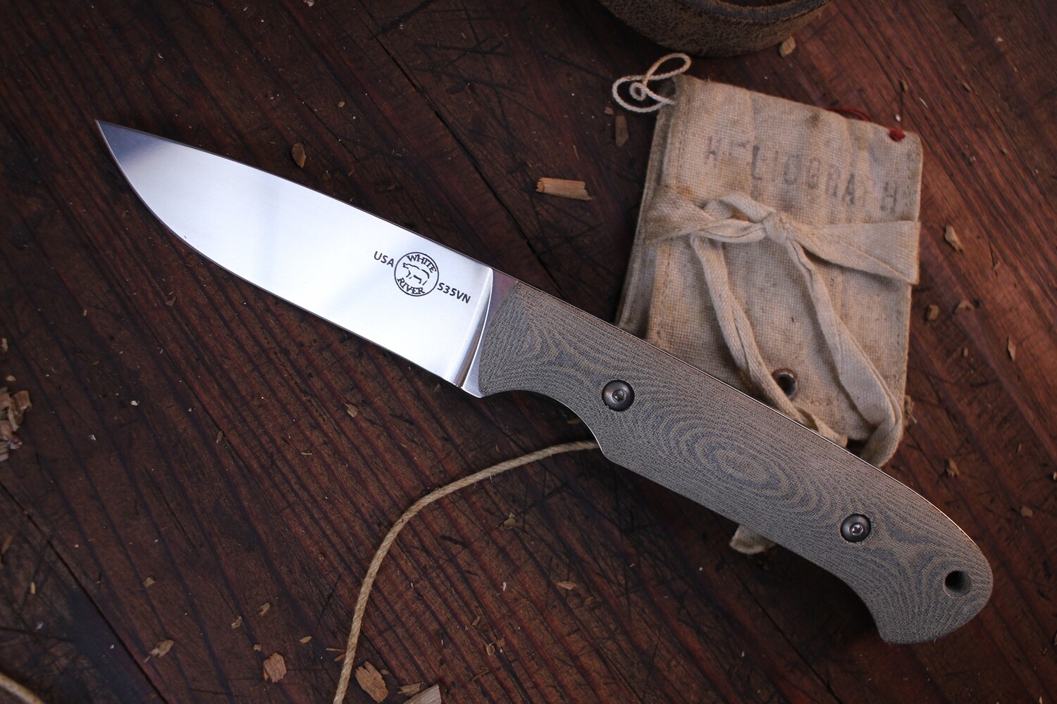 White River Knives Hunter 3.5&quot; Fixed Blade Knife / Black &amp; Olive Drab Linen Micarta / Stonewashed CPM-S35VN