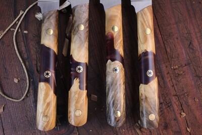 Semper Sharp 4.5" Steak Knife Set Of 4 / Buckeye Burl &amp; Kiwi Epoxy / Satin Nitro V