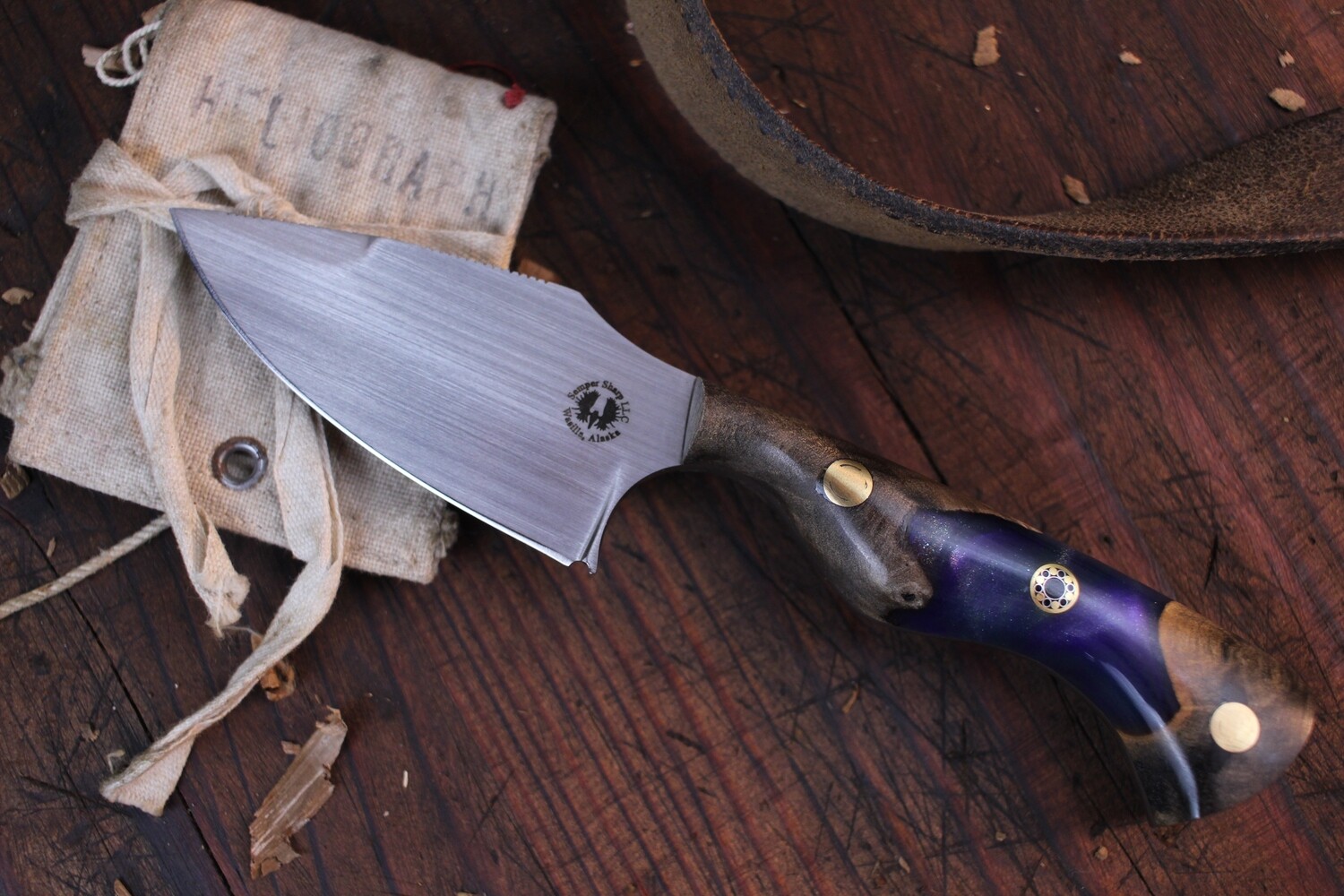Semper Sharp Honey Badger 3&quot; EDC Fixed Blade / Buckeye Burl &amp; Northern Lights Epoxy / Satin Nitro V