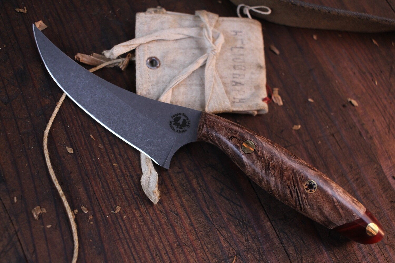 Semper Sharp Trapper 3.75&quot; Custom Game Knife / Stabilized Maple Burl &amp; Merlot Epoxy / Stonewashed Nitro V