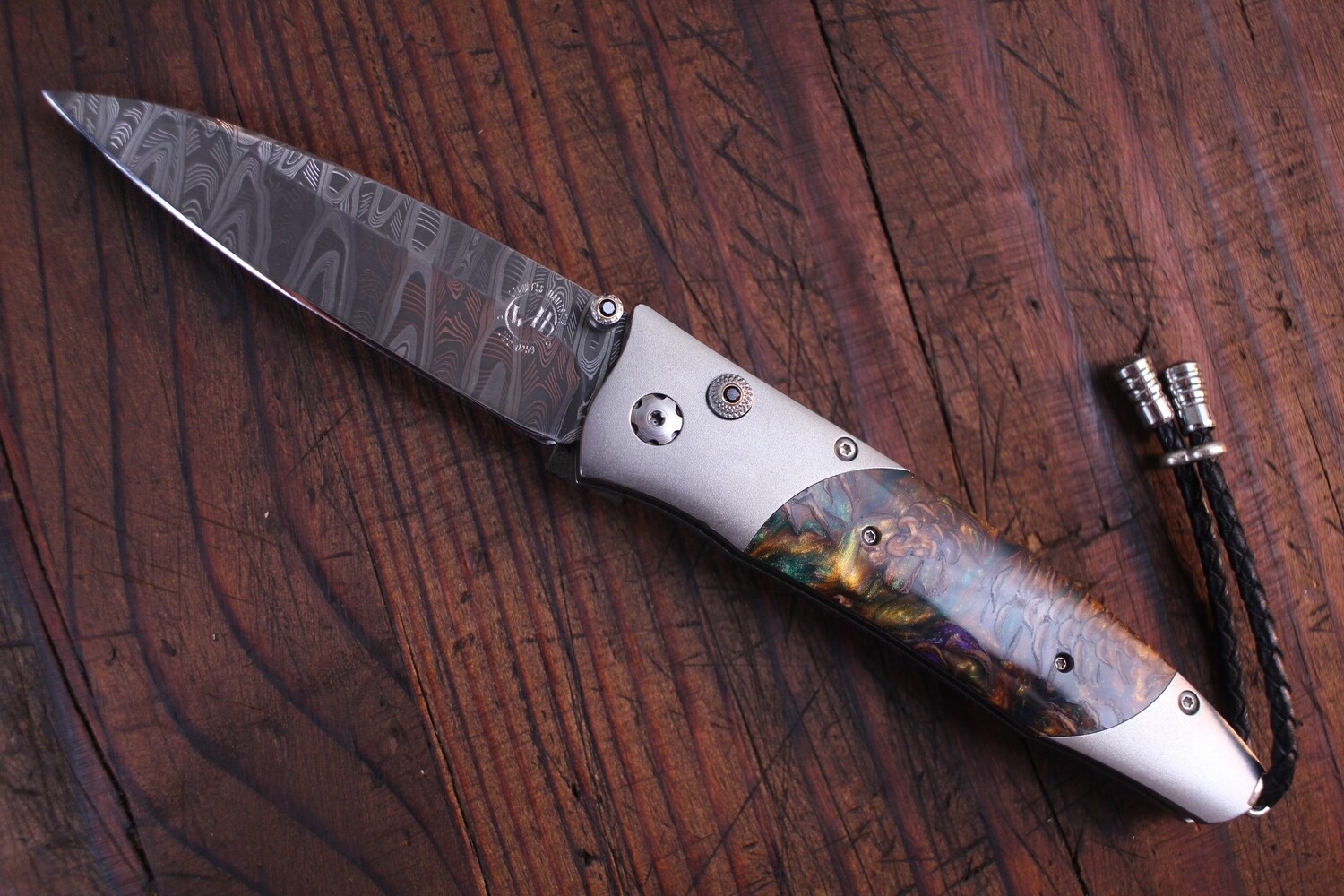 William Henry Studio B30 Mardi Gras 3.25&quot; Button Lock Folder / Titanium /  Hornets Nest Damascus / Mardi Grad Mini Pine Cone