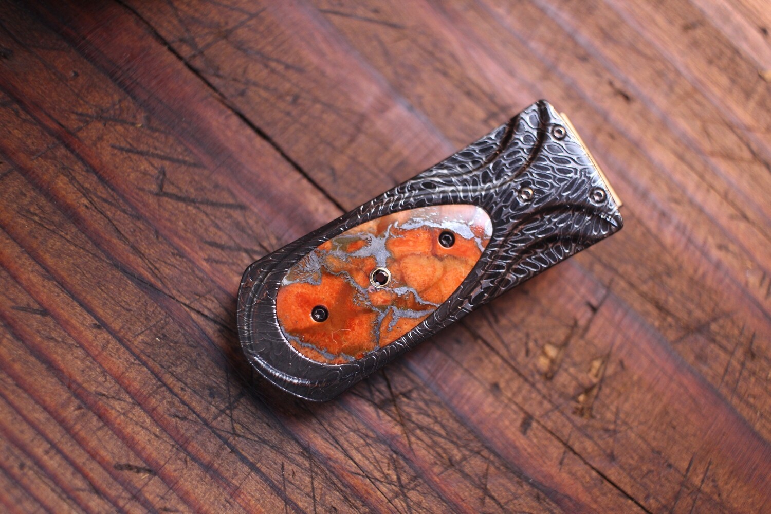 William Henry Studio M3 Zurich Sunrise Money Clip / River Rock Damascus Frame / Zinc Matrix Apple Coral