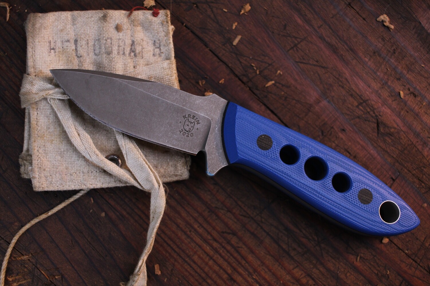 Tom Krein Custom TK2 2.8&quot; Fixed Blade / Blue G10 / Stonewashed D2 ( Pre Owned)