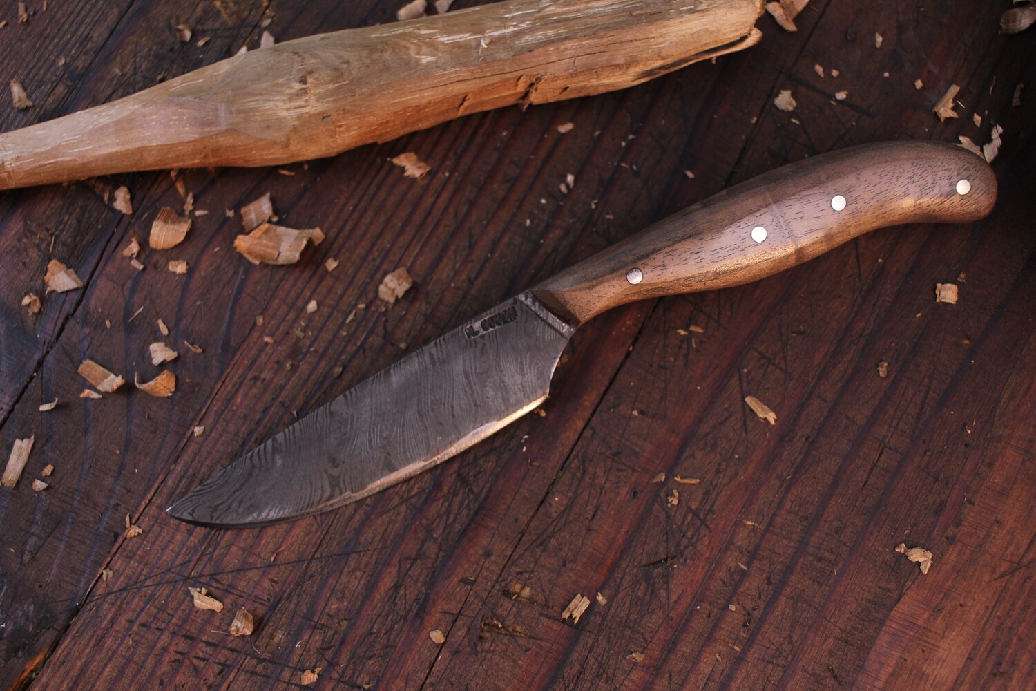 Mark Couch Small Drop Point Knife Fixed Blade 3.5&quot; Knife, Alaska Damascus / Walnut / Leather Sheath