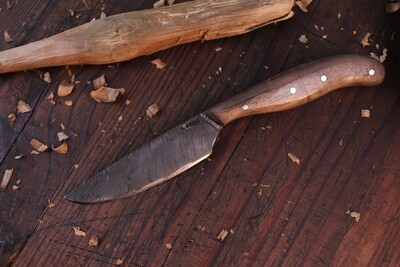 Mark Couch Small Drop Point Knife Fixed Blade 3.5" Knife, Alaska Damascus / Walnut / Leather Sheath