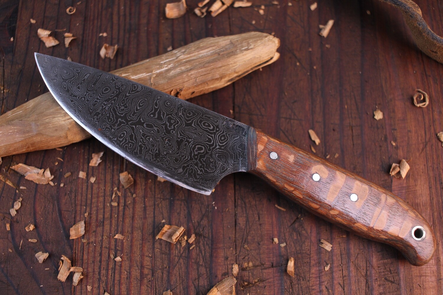 Mark Couch Large Drop Point Fixed Blade 4&quot; Knife, Alaska Damascus / Lacewood / Leather Sheath