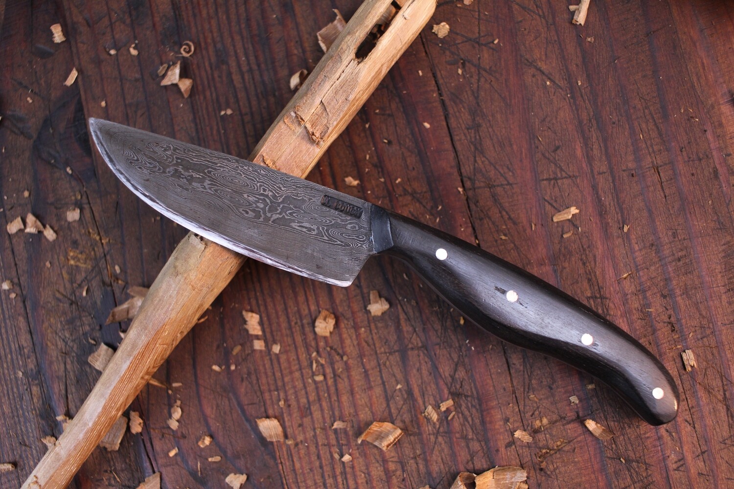 Mark Couch Drop Point Fixed Blade 3.5&quot; Knife, Alaska Damascus / Ebony / Leather Sheath