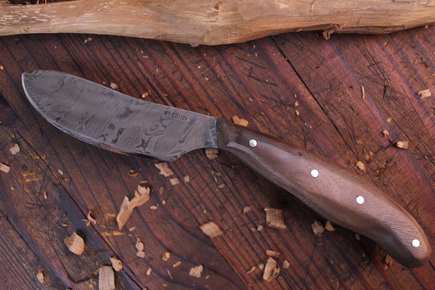 Mark Couch Beaver Skinner Fixed Blade 3.5&quot; Knife, Alaska Damascus / Walnut / Leather Sheath
