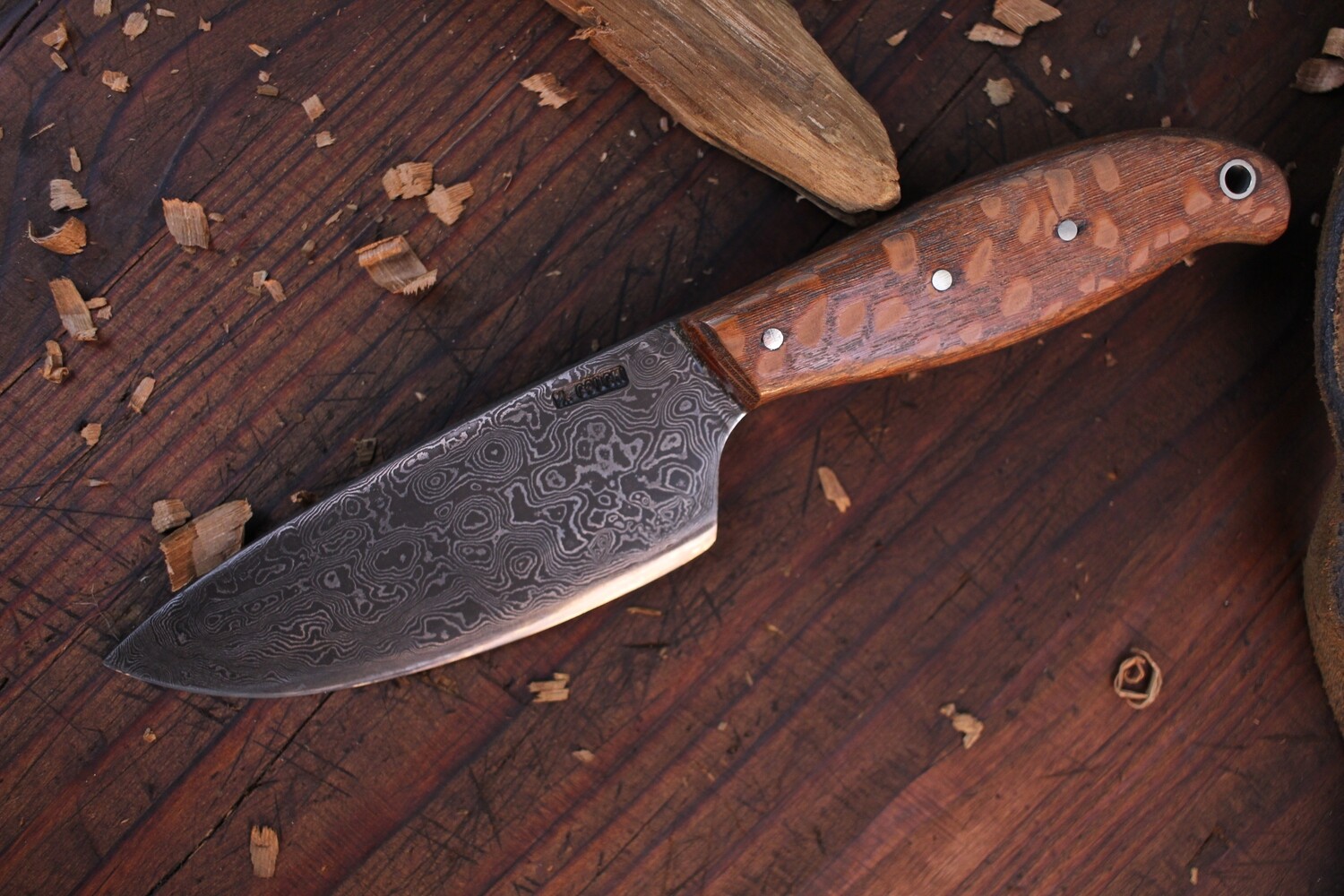 Mark Couch Large Drop Point Fixed Blade 4&quot; Knife, Alaska Damascus / Lacewood / Leather Sheath