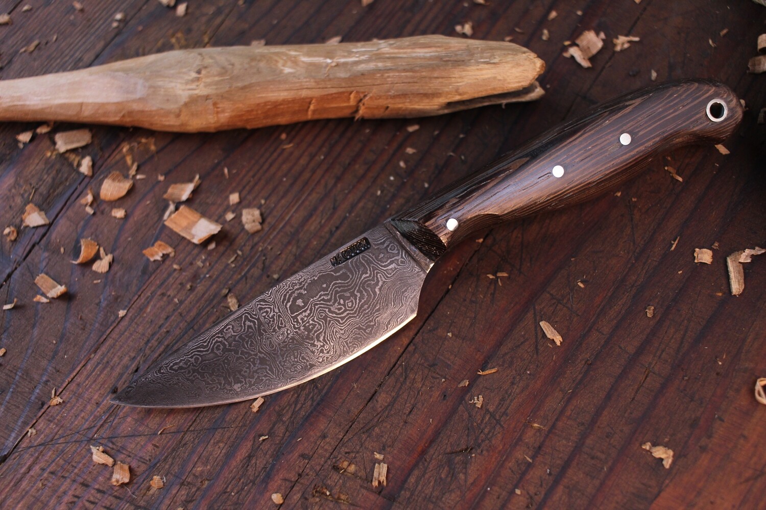 Mark Couch Medium Drop Point Fixed Blade 3.5&quot; Knife, Alaska Damascus / Wenge / Leather Sheath