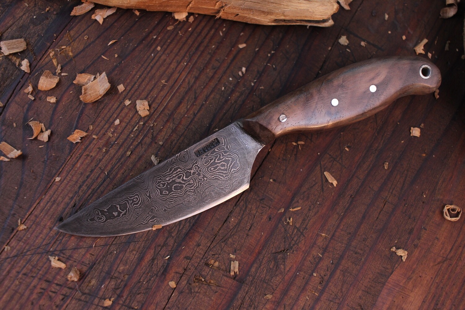 Mark Couch Medium Drop Point Fixed Blade 3.5&quot; Knife, Alaska Damascus / Walnut / Leather Sheath