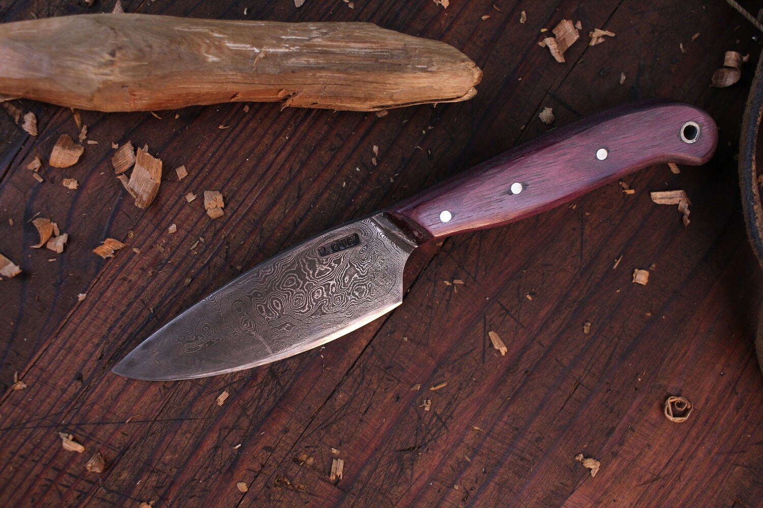 Mark Couch Medium Drop Point Fixed Blade 3.5&quot; Knife, Alaska Damascus / Purpleheart / Leather Sheath