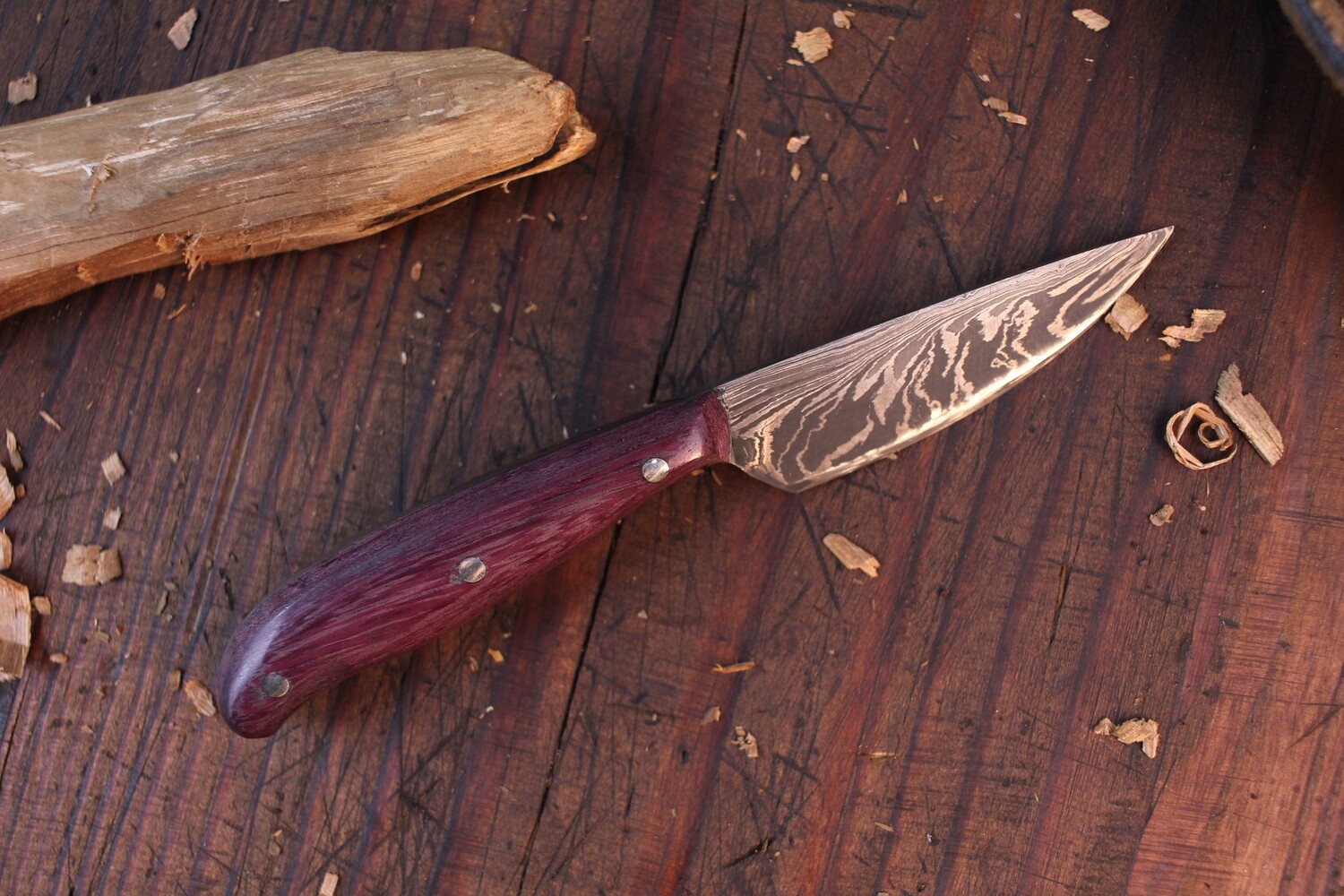 Mark Couch Patch Knife Fixed Blade 2.5&quot; Knife, Alaska Damascus / Purpleheart