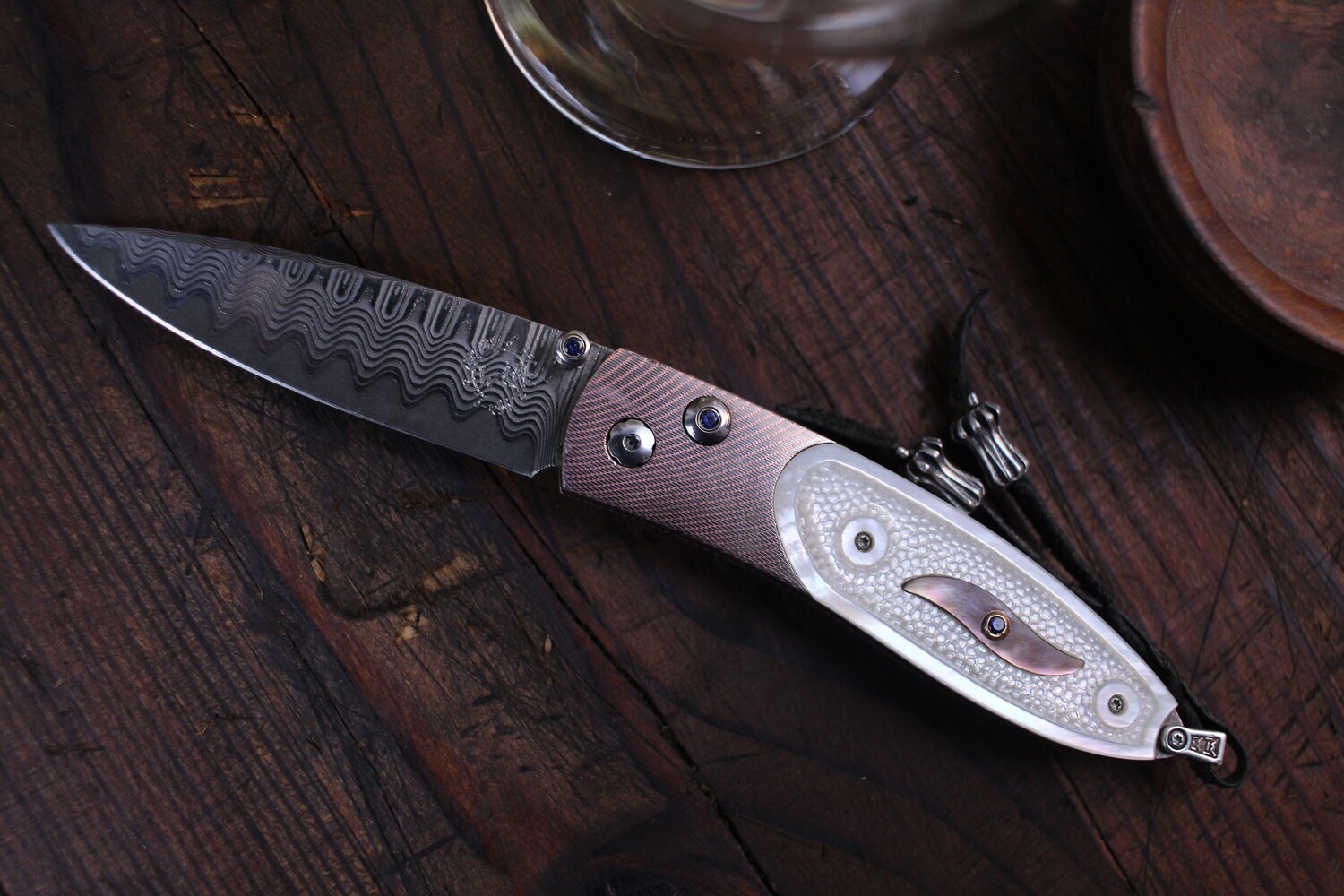 William Henry Studio B05 Oasis Wave Damascus / Carved Pearl / Blk Lip Pearl Inlay / Sapphire / No. 63/100 ( Pre Owned )