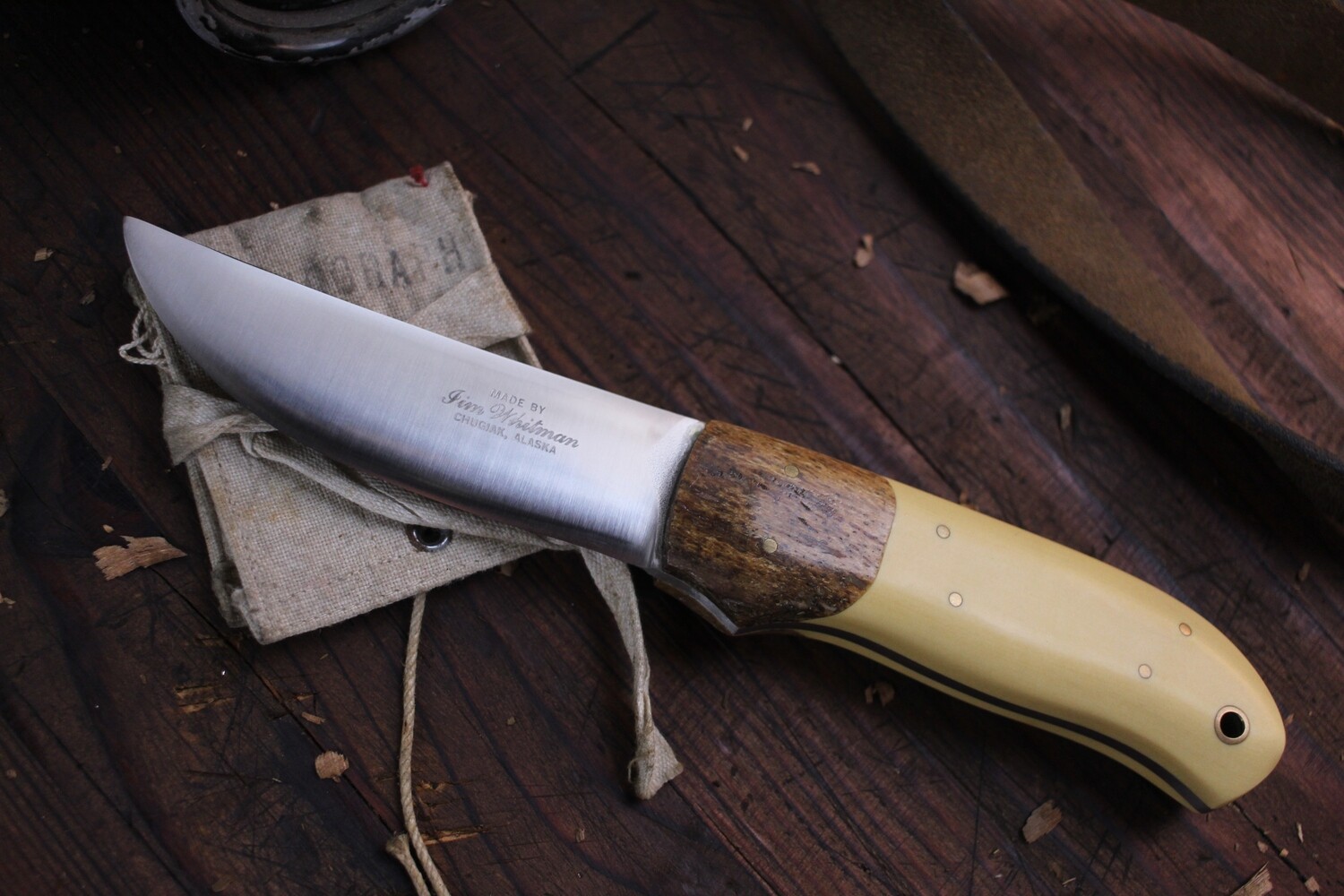 Jim Whitman Trailing Point 4.25&quot; Fixed Blade / Ivory Micarta &amp; Whale Bone / Satin Stainless