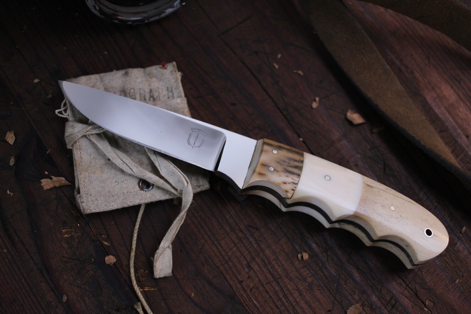 John Chamberlin 3.5&quot; Hunter / Mammoth Ivory &amp; Whale Bone / Polished Stainless Steel