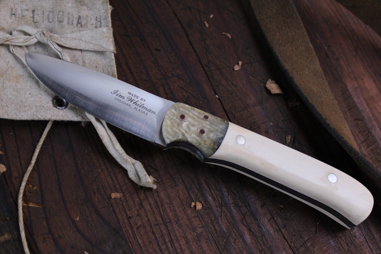 Jim Whitman Drop Point 3&quot; Fixed Blade / Mammoth Ivory &amp; Musk Ox / Stainless