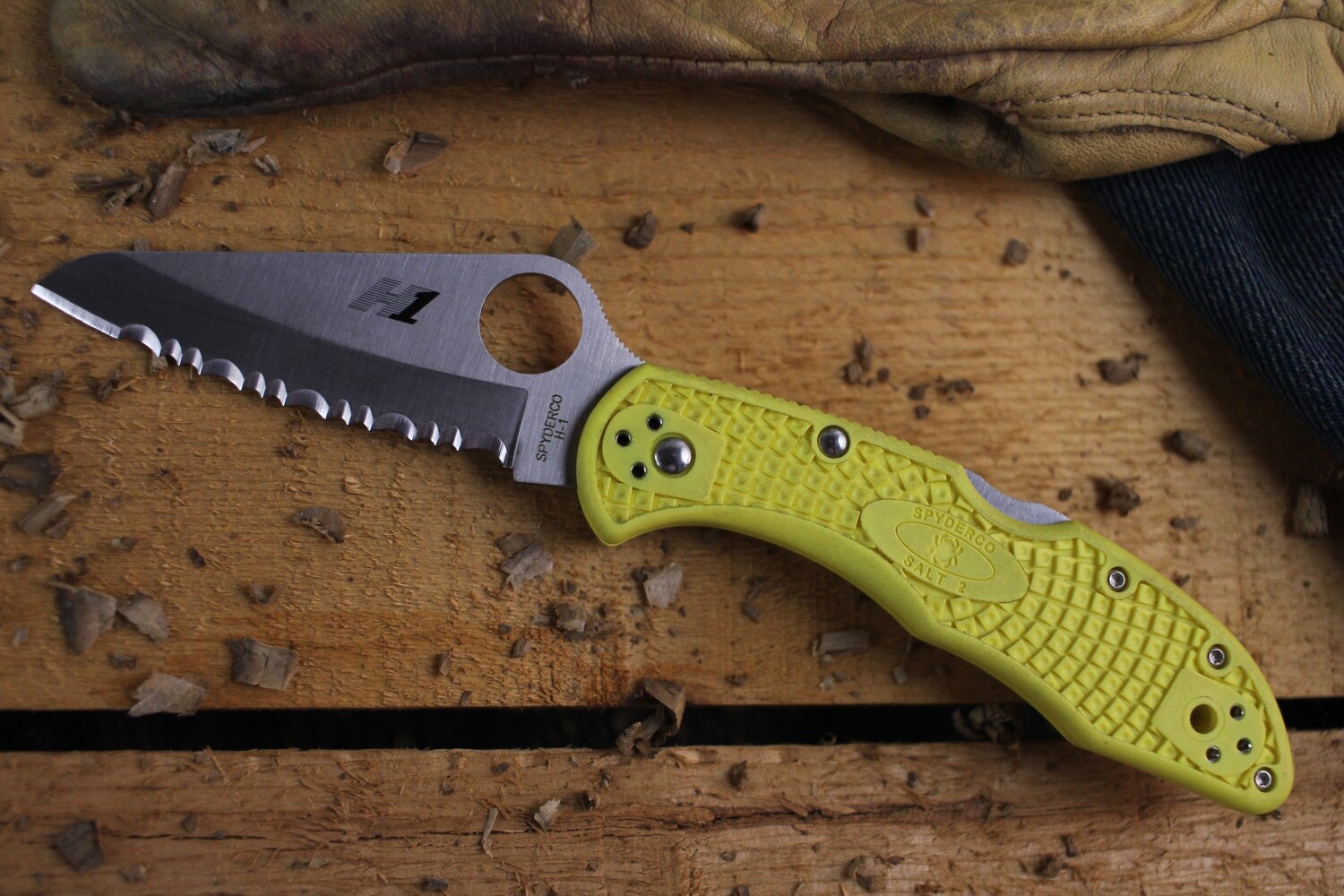 Spyderco Salt 2 Knife,  Yellow FRN / H-1 Satin Serrated (No Box)