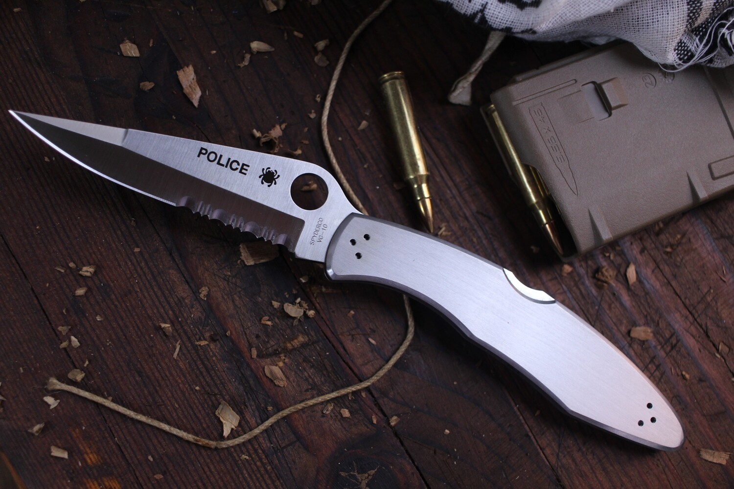 Spyderco Police 4.125&quot; Folding Knife, Stainless Steel / Partially Serrated / Satin VG-10