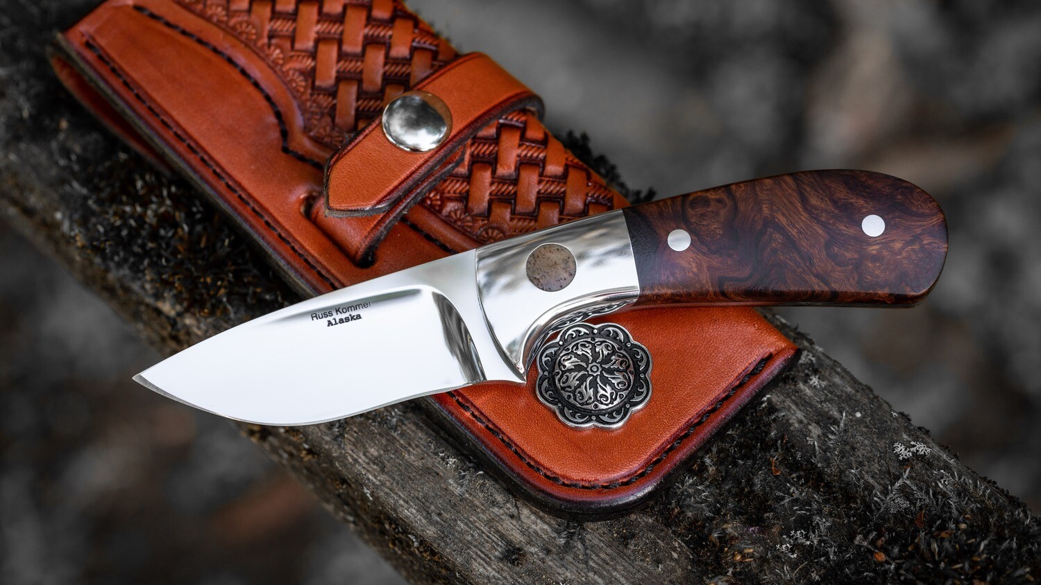Russ Kommer Custom Hunter 2.75&quot; Fixed Blade Knife / Presentation Grade Desert Ironwood &amp; Walrus Ivory Inlay / Polished RWL-34