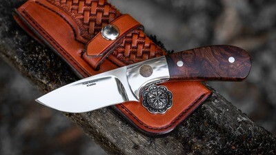 Russ Kommer Custom Hunter 2.75" Fixed Blade Knife / Presentation Grade Desert Ironwood & Walrus Ivory Inlay / Polished RWL-34