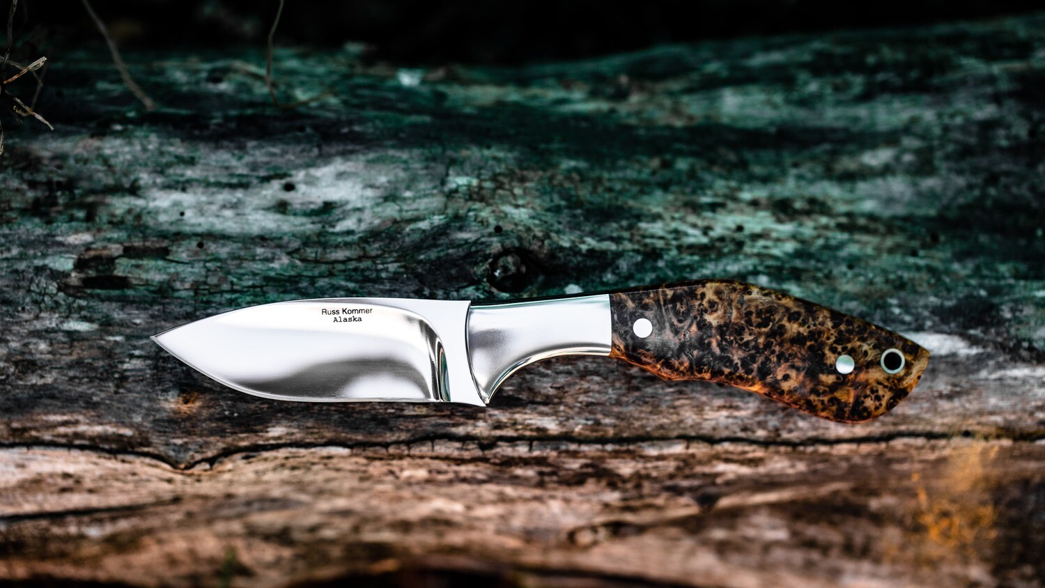 Russ Kommer Custom Semi-Skinner 3&quot; Fixed Blade Knife / Exhibition Grade Black Ash Burl / Polished RWL-34