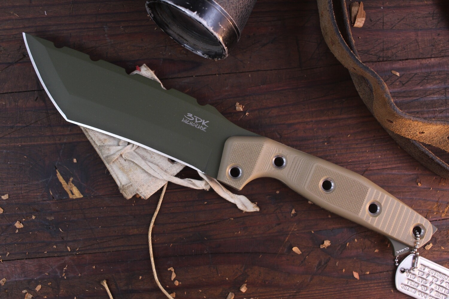 3DK Amuk 6&quot; Fixed Tanto Point, OD Green Cerakote Elmax Blade / Desert Tan G10 Handle