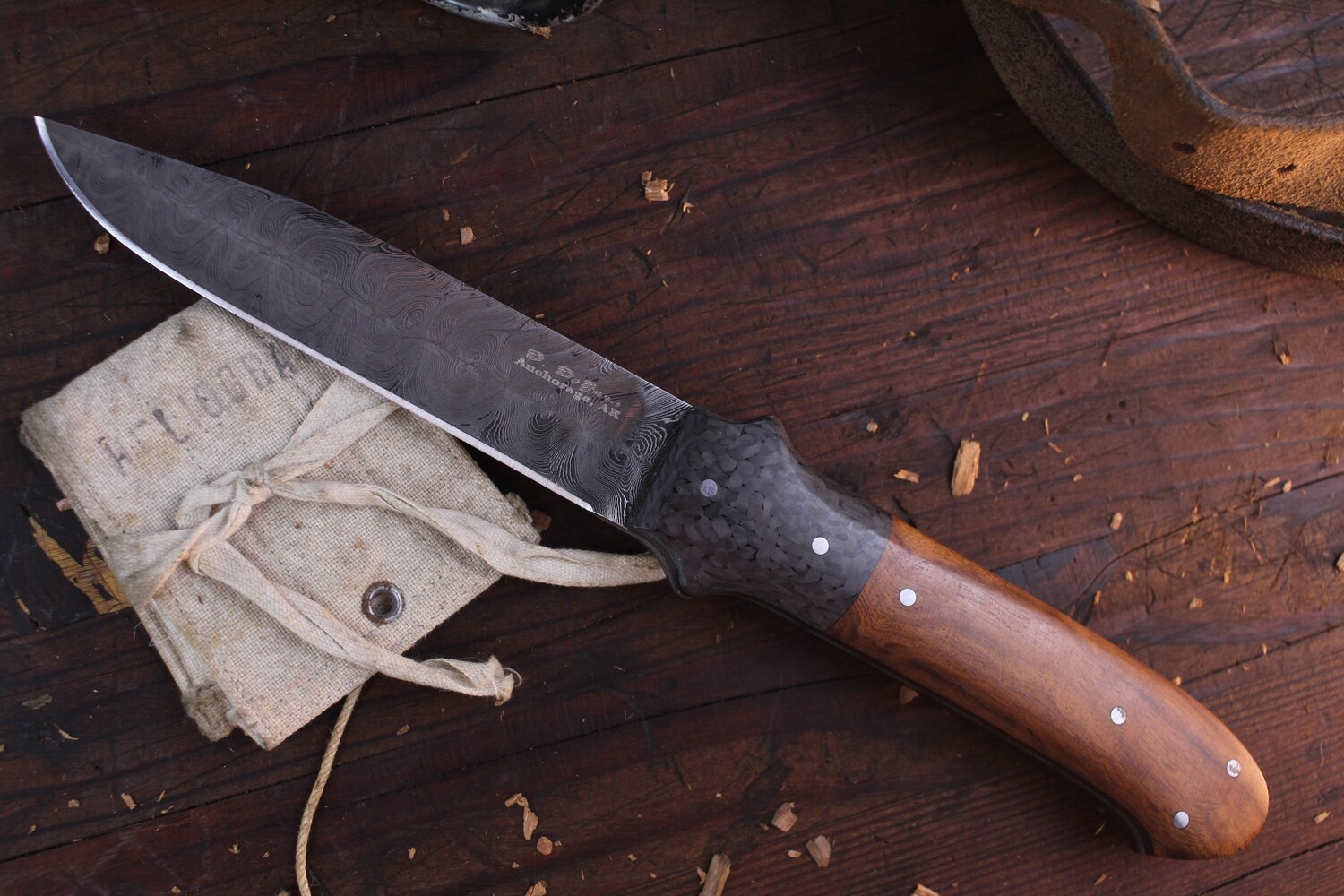 Don Dezarn Fighter 5.5&quot; Fixed Blade Knife / Carbon Fiber &amp; Ironwood / Damascus / Hollow Grind