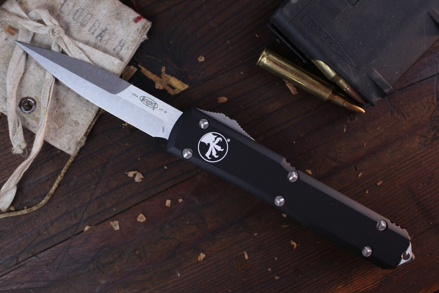 Microtech Ultratech Bayonet 3.4&quot; OTF Knife / Black / Stonewash